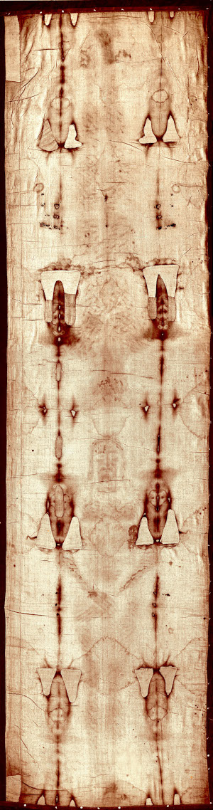 Figure 1. The full Shroud showing both the back and front of Jesus